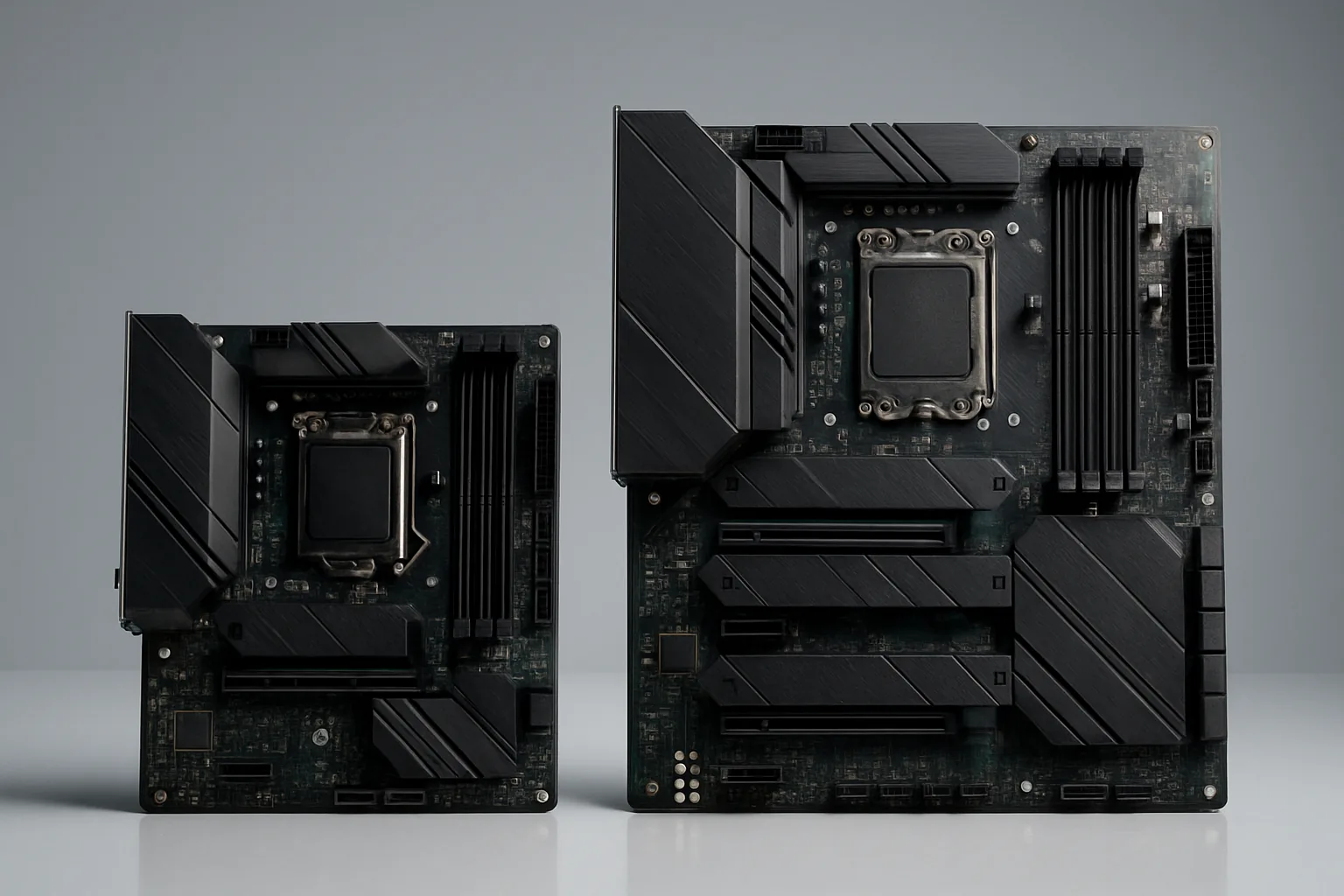 Две материнские платы AM5 рядом: компактная Micro-ATX и полноразмерная ATX с радиаторами на слотах M.2