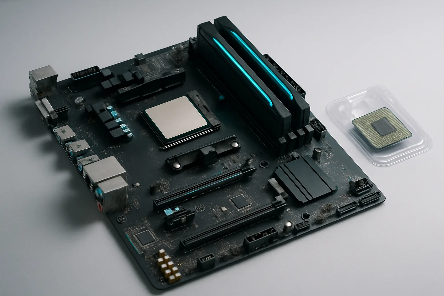 Старая материнская плата AM4 с процессором и двумя модулями DDR4, рядом новый процессор в упаковочном лотке