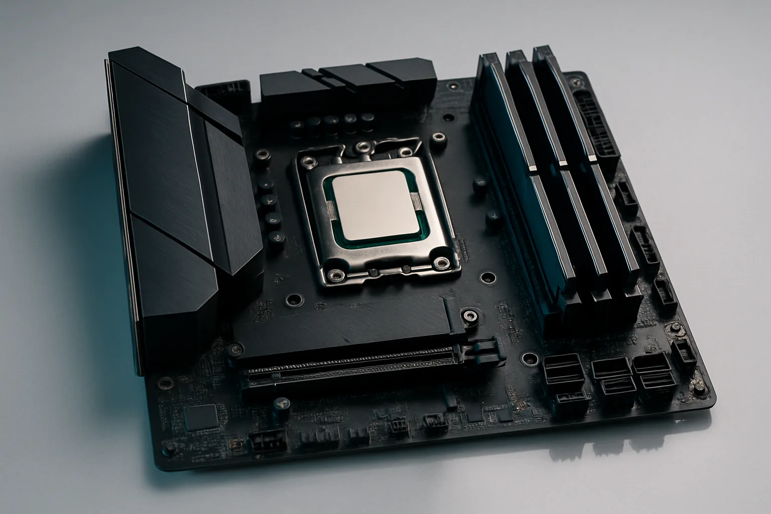 Процессор AMD в сокете AM5 рядом с двумя модулями DDR5 во втором и четвёртом слотах