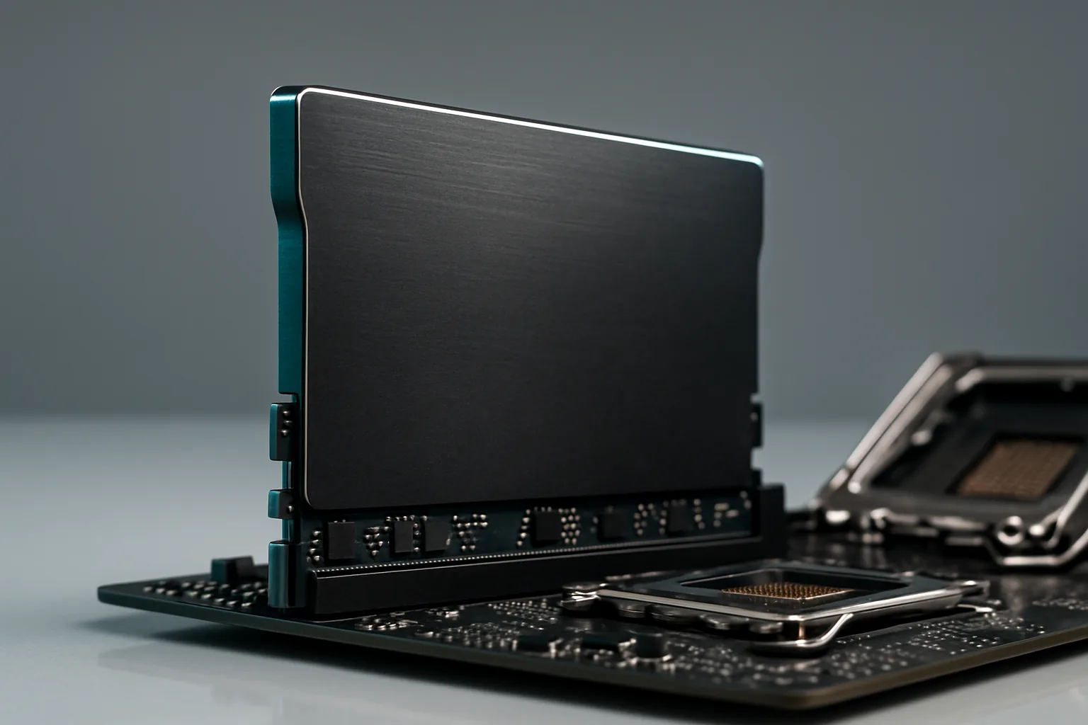 Крупный план высокочастотного модуля DDR5 с радиатором в слоте материнской платы рядом с процессорным сокетом