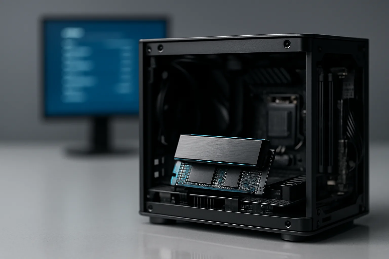 Компьютер с открытым корпусом, установленный NVMe SSD с радиатором, на мониторе размыто экран настроек загрузки
