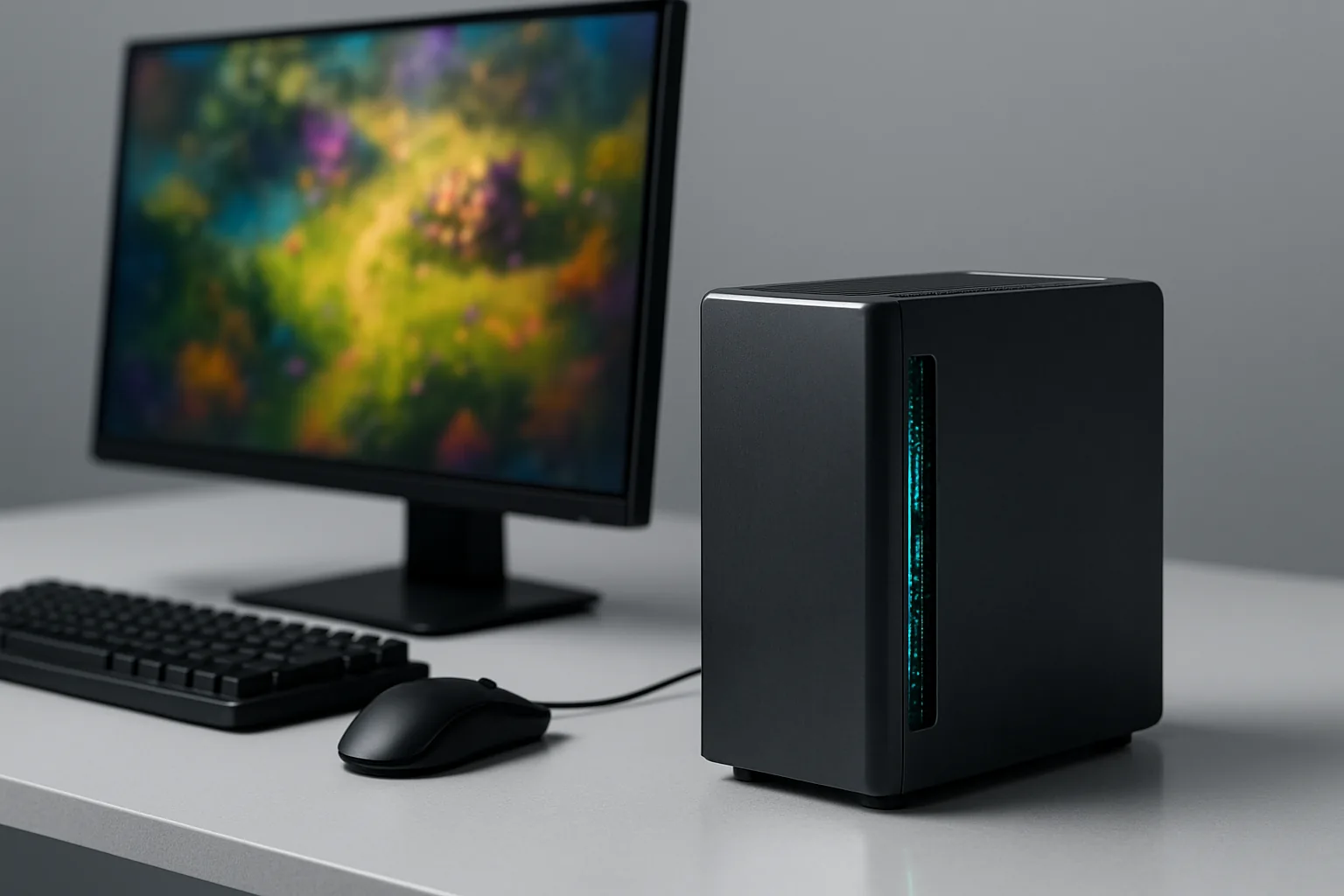 Игровой компьютер с подсветкой и монитор с размытой фэнтезийной картой с видом сверху на светлом столе