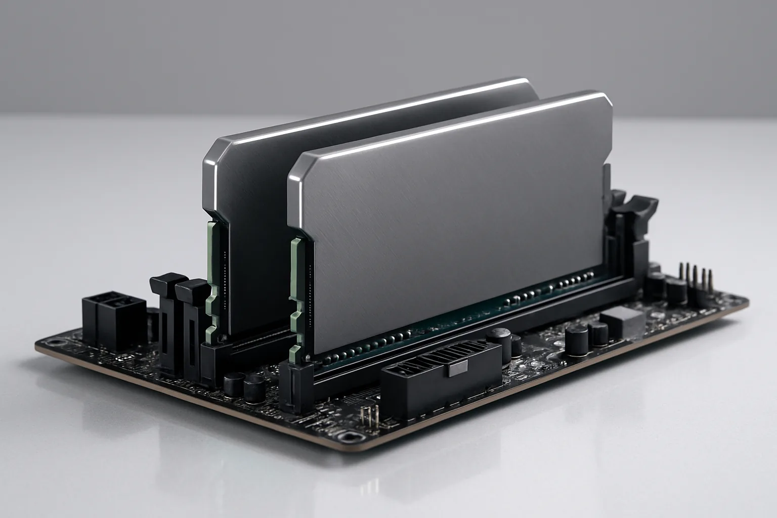 Две планки оперативной памяти DDR5 с радиаторами установлены в слоты материнской платы
