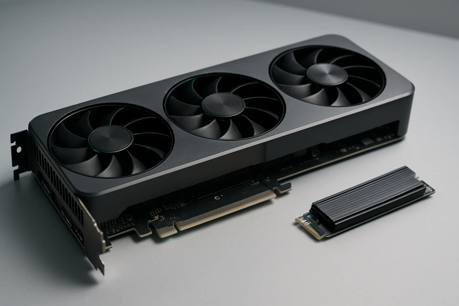 Видеокарта с тремя вентиляторами и твердотельный накопитель M.2 рядом на светлом столе