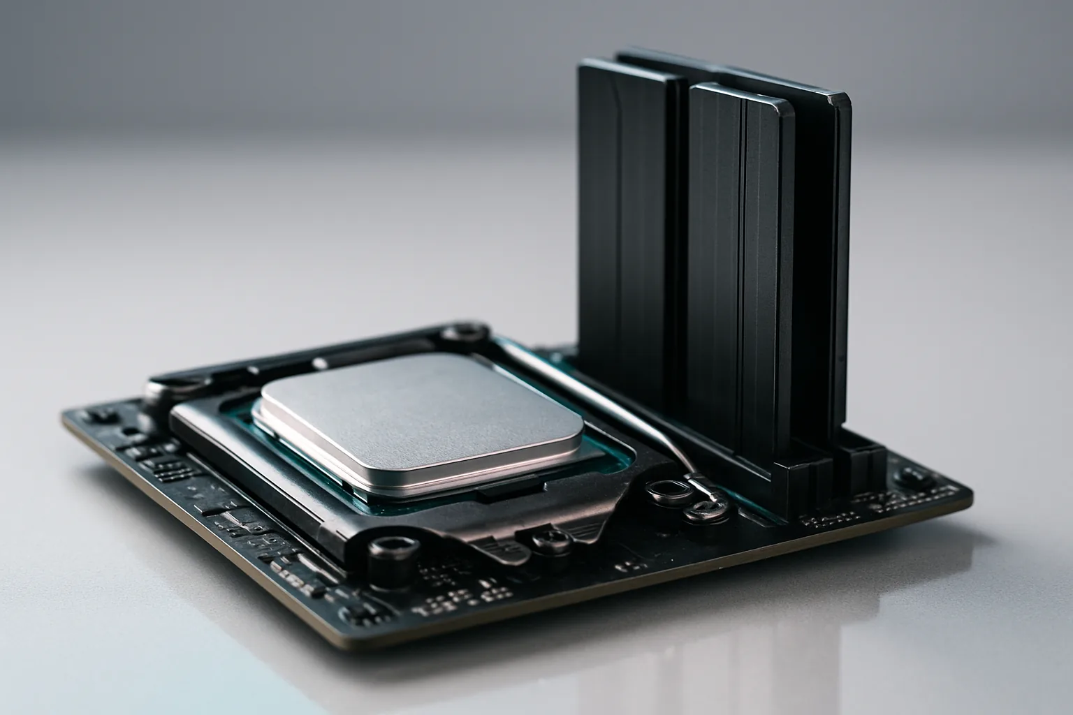Процессор в сокете на материнской плате и две планки памяти DDR5 крупным планом