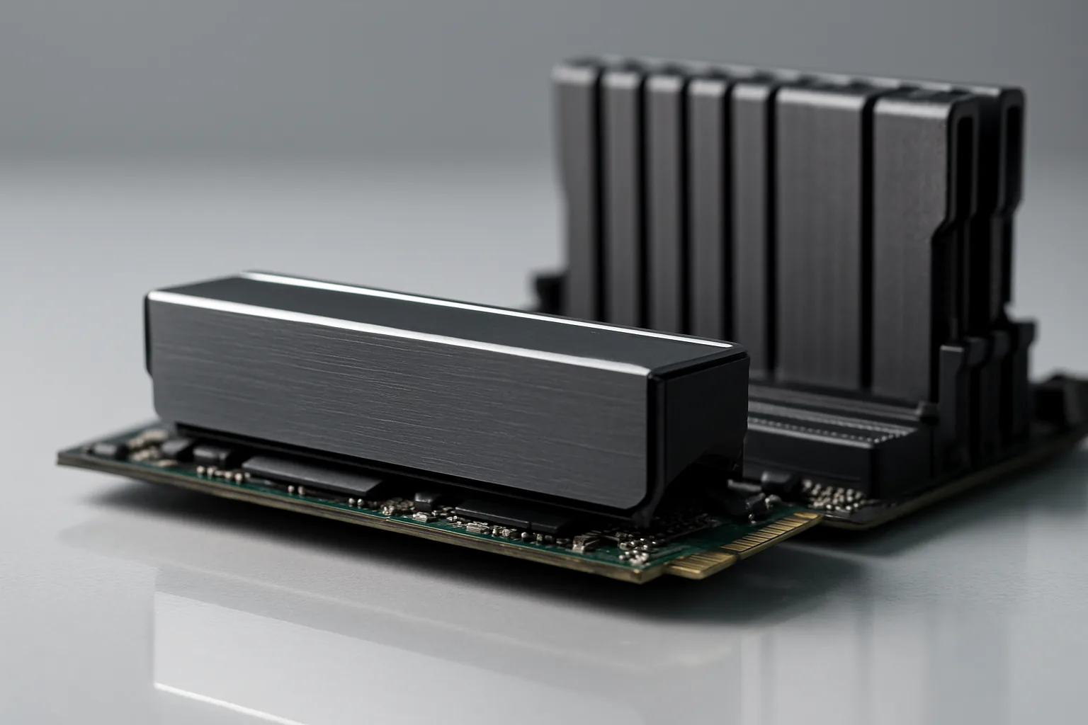 Накопитель NVMe M.2 с радиатором в слоте материнской платы рядом с планками оперативной памяти