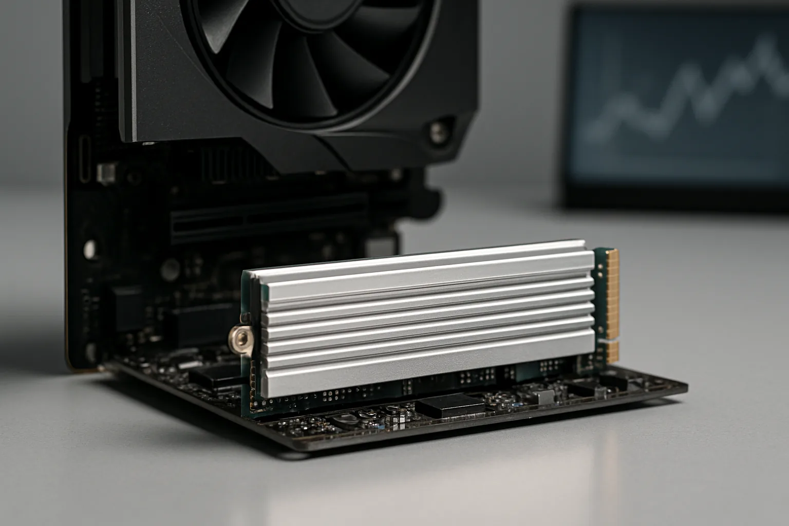NVMe SSD с алюминиевым радиатором на материнской плате, на заднем плане размытый монитор с графиками