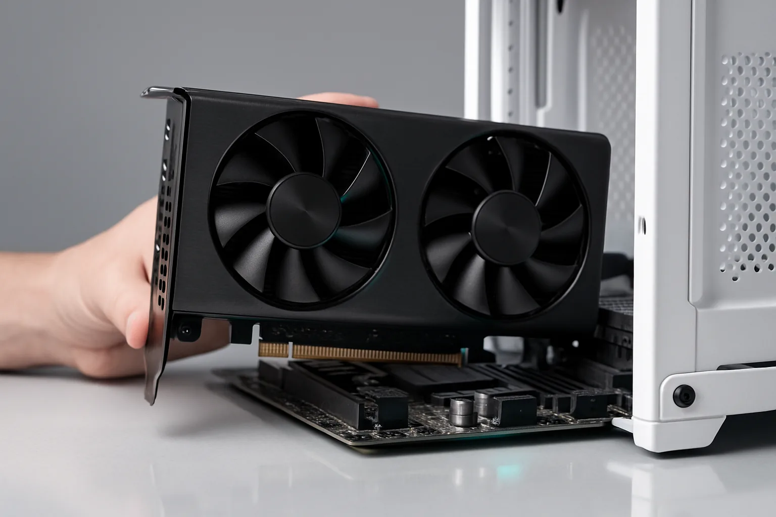 Видеокарта с двумя вентиляторами, установленная в слот PCIe материнской платы в открытом корпусе