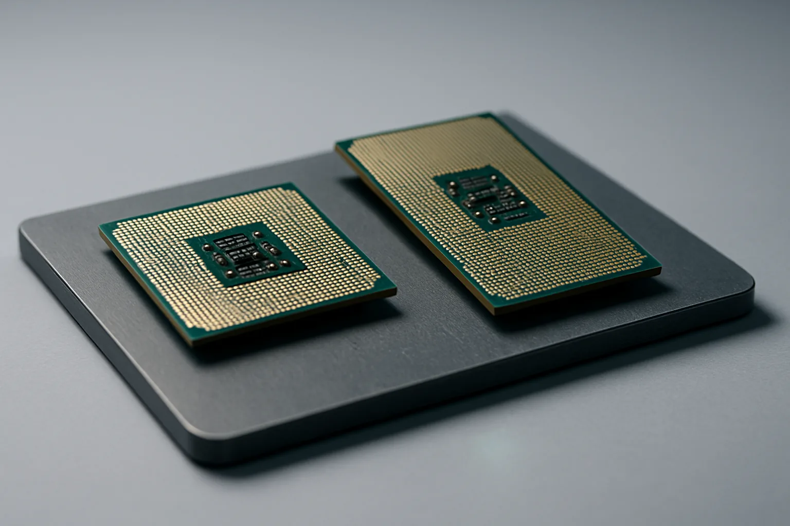Два процессора для сокетов AM5 и LGA1851 контактными площадками вверх
