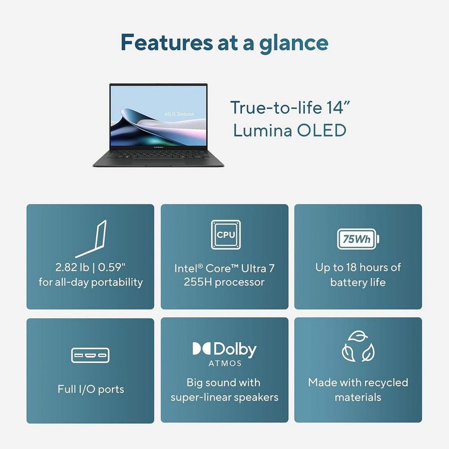 Ноутбук ASUS Zenbook 14 OLED UX3405CA-U7512 (90NB14W7-M00MP0) Core Ultra 7 255H, 14″, 16/512 ГБ, Windows 11 Home
